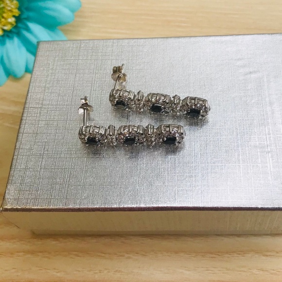 Sterling Silver Black CZ Halo Drop Earrings - Picture 4 of 5